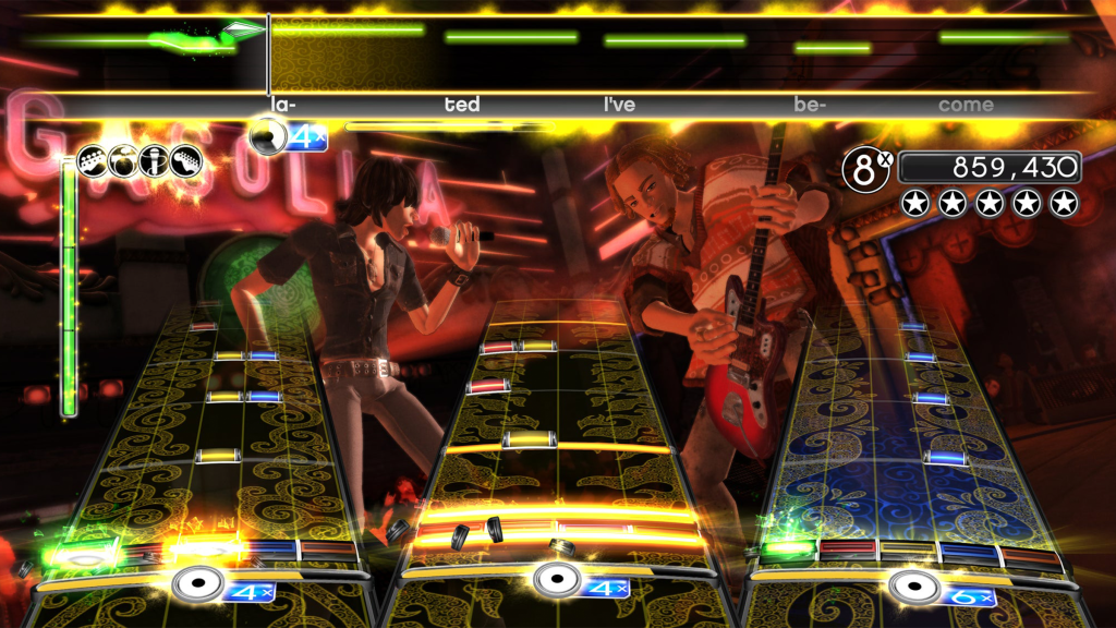 A screenshot from Rock Band 2 (2008).