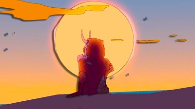 Sable from Sable sat in front of a setting sun.