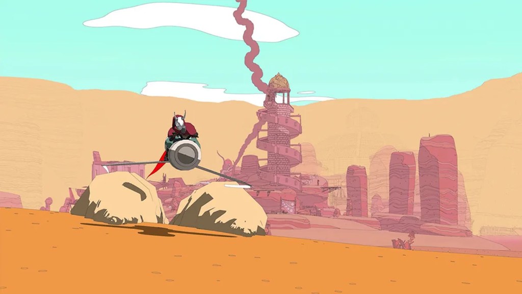 Sable driving her glider away from a tower in Sable.