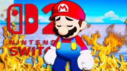 Mario from Mario and Luigi Brothership looking sad while surrounded by flames and next to the Nintendo Switch 2 logo.