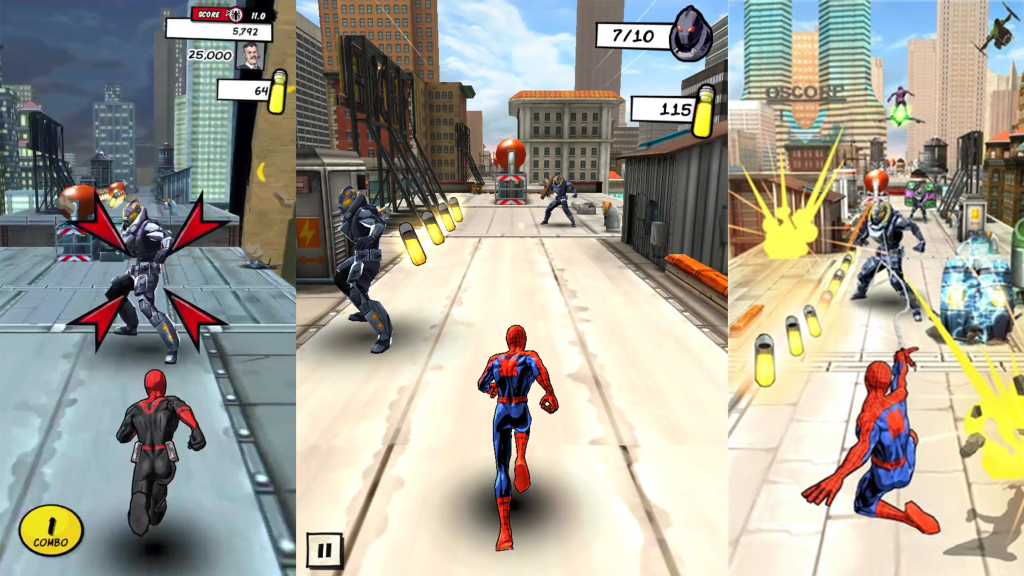 Three screenshots from Spider-Man Unlimited.