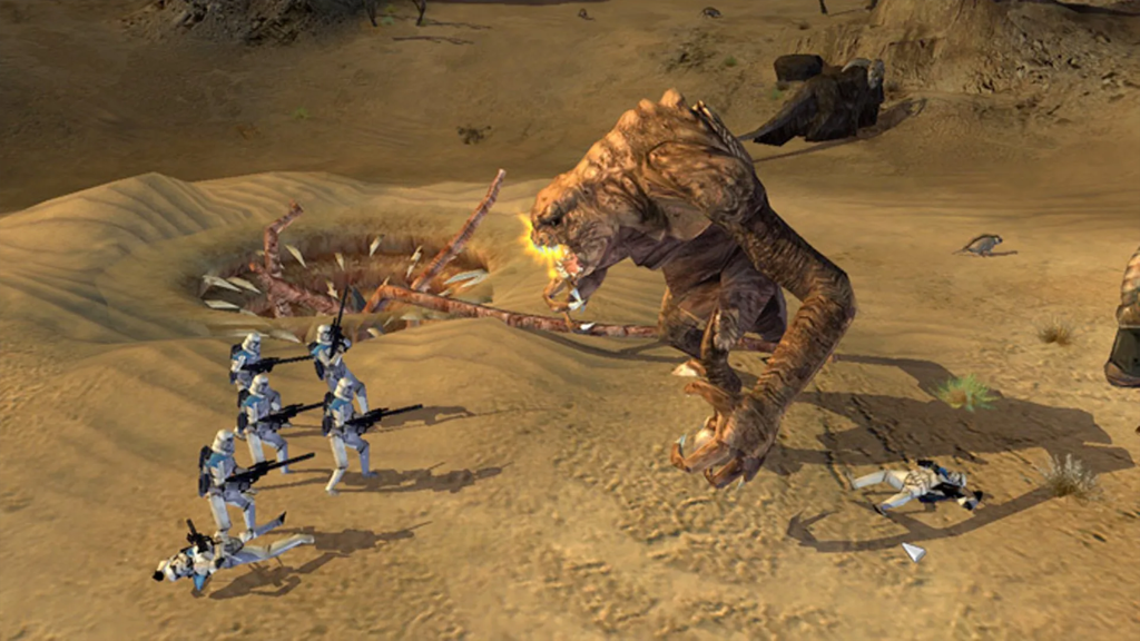 A group of Stormtroopers taking on a Rancor beside a Sarlac Pit in Star Wars: Empire at War.