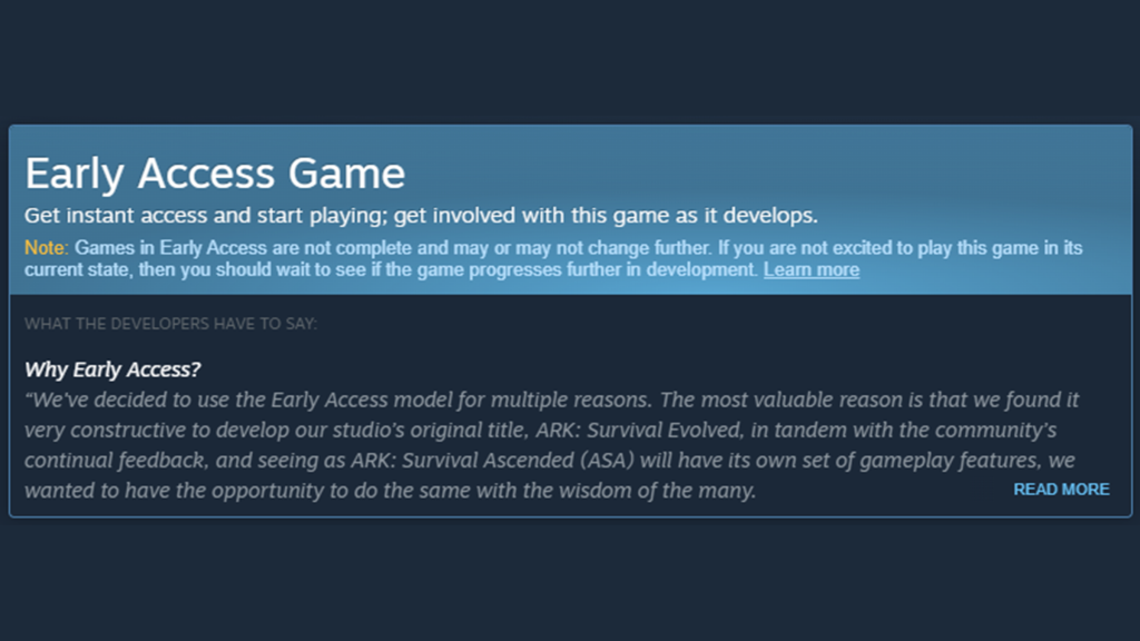 Steam's Early Access disclaimer for Arc: Survival Evolved.