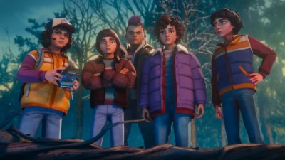 The Hawkins gang standing with new character Nikki in Stranger Things: Tales From '85
