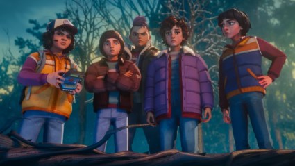 The Hawkins gang standing with new character Nikki in Stranger Things: Tales From '85