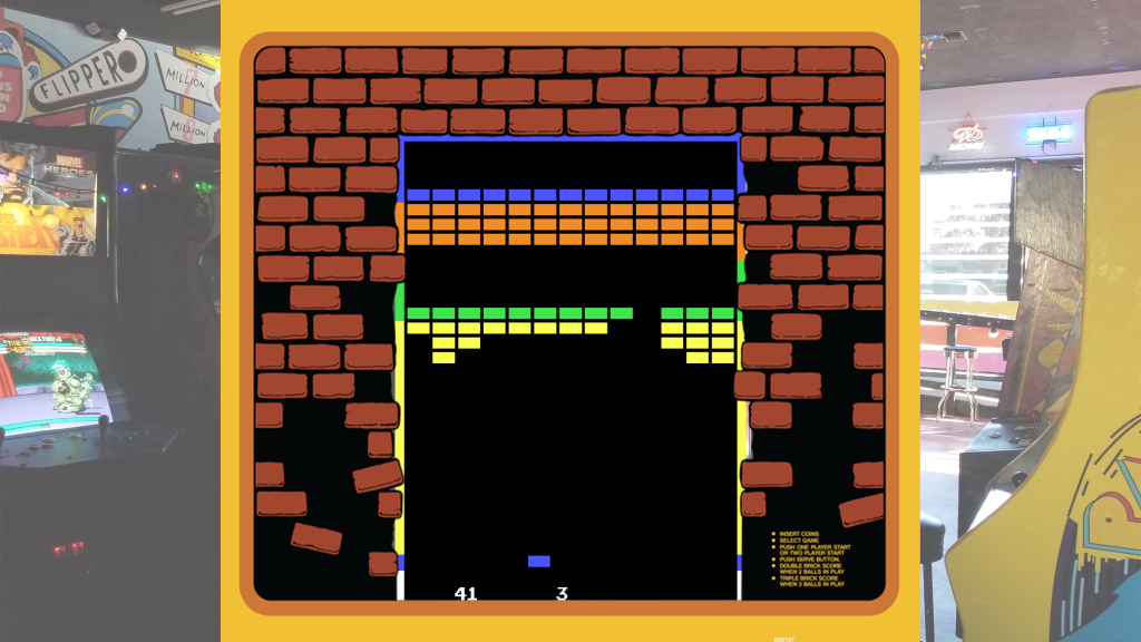 A screenshot of Super Breakout surrounded by its arcade bezel over a picture of Retrovolt Arcade.