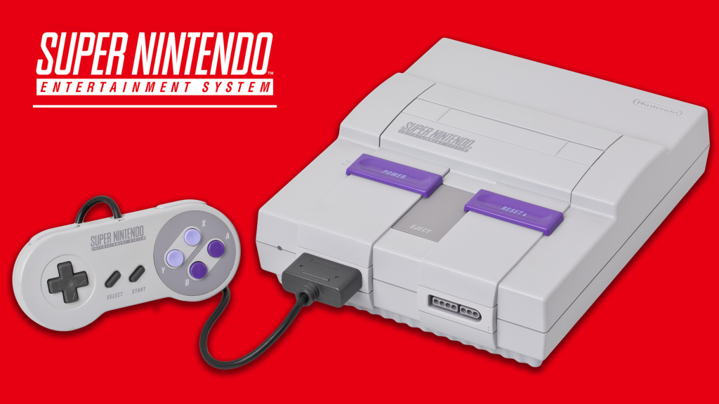 The Super Nintendo Entertainment System on a red background.