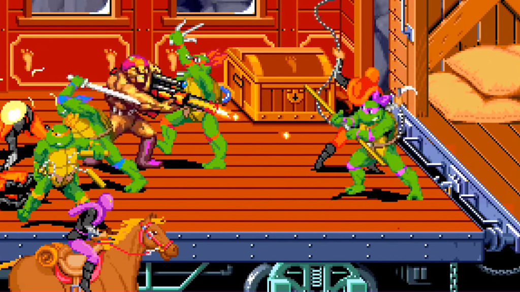 A screenshot from Teenage Mutant Ninja Turtles: Turtles in Time (1991).