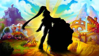 A silhouette of the Knightling from The Knightling in front of the game's key art.