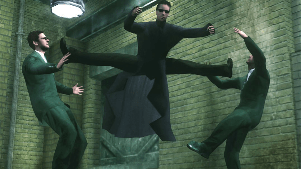 A screenshot and promotional art from The Matrix: Path of Neo.