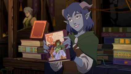 Jester holding up a book in The Mighty Nein