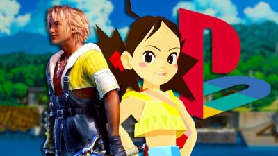 Zoe from Magic Pengel: The Quest for Color next to Tidus from Final Fantasy X with the PS2 logo behind them.