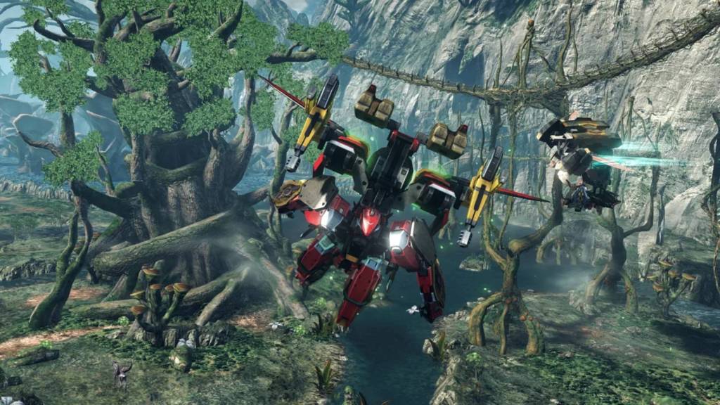 Mechs flying through a forest in Xenoblade Chronicles X Definitive Edition