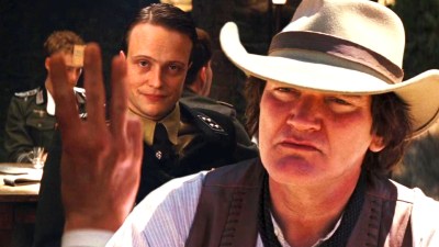 Split image with a still from Inglourious Basterds and Quentin Tarantino in Django Unchained