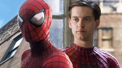 Split image of Andrew Garfield and Tobey Maguire as Spider-Man