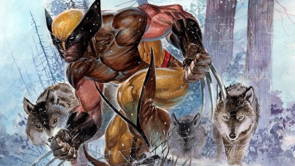 Wolverine surrounded by wolves in Marvel Comics