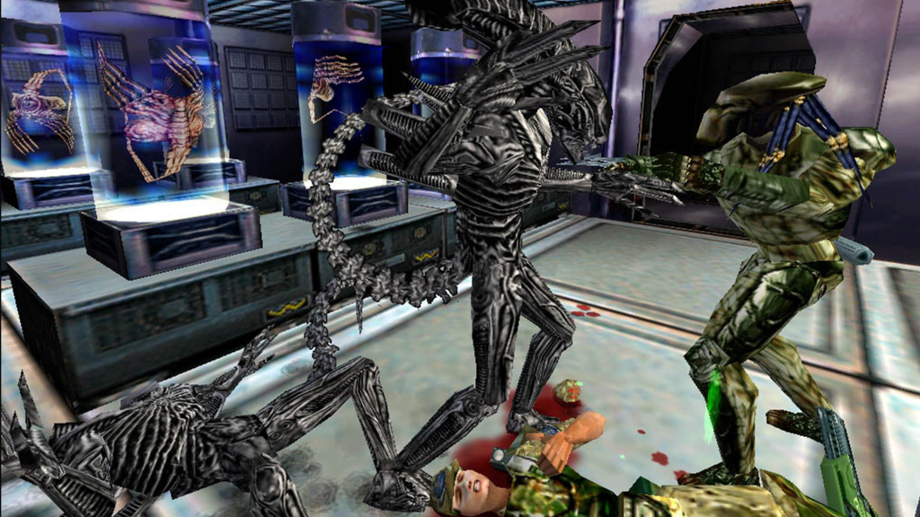 A screenshot from Aliens versus Predator (1999).