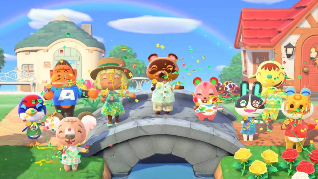 Tom Nook and Animal Crossing New Horizons villagers celebrating on a bridge.