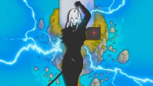 Akane from Artis Impact with gameplay behind her.