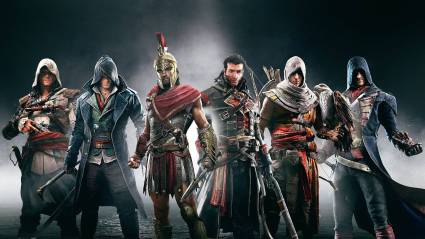Assassin's Creed characters from Syndicate, Unity, Odyssey, Origins, Black Flag and more stand in a row.