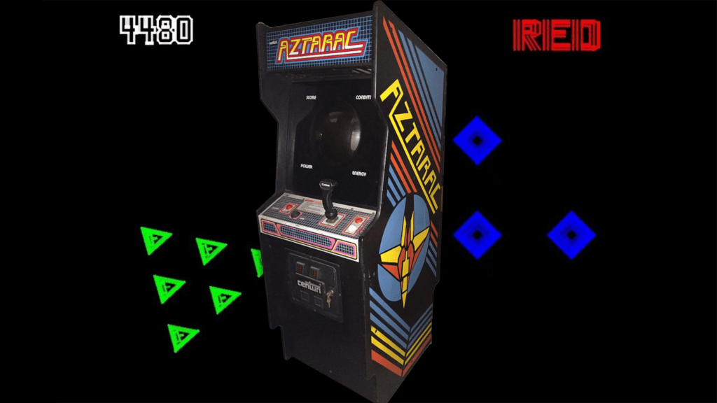 The Aztarrac arcade cabinet over a screenshot from the game.