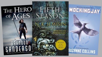 The covers of The Hero of Ages, The Fifth Season, and Mockingjay