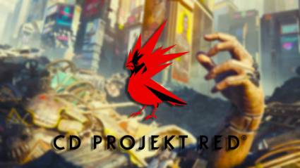 The CD Projekt Red logo in front of Cyberpunk 2077 gameplay.
