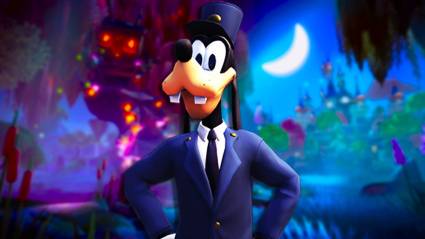 The conductor Goofy outfit from Disney Dreamlight Valley in front of gameplay.