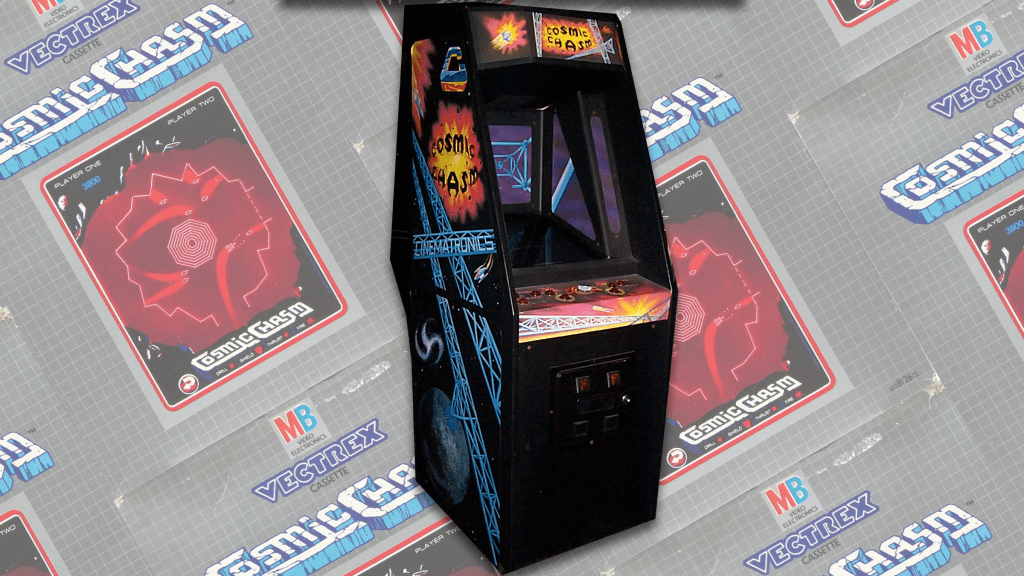 The Cosmic Chasm arcade cabinet over copies of its home release game.