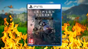 The PS5 box of Crimson Desert surrounded by fire.