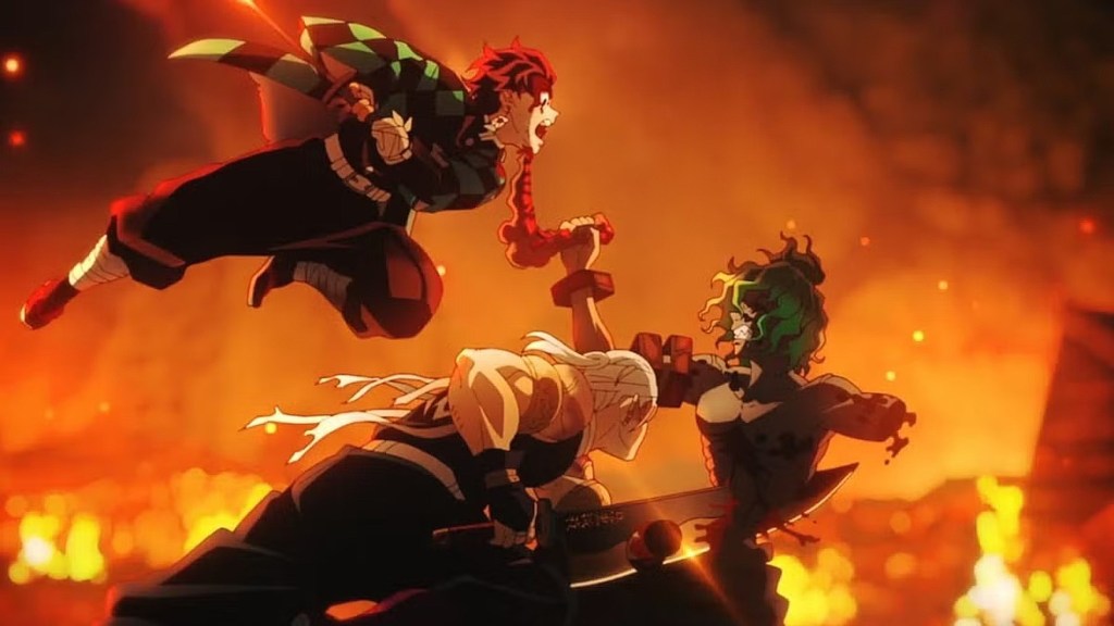 Tanjiro and Tengen fighting Gyutaro in Demon Slayer's Entertainment District Arc