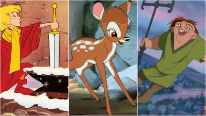 Collage featuring The Sword in the Stone, Bambi, and The Hunchback of Notre Dame