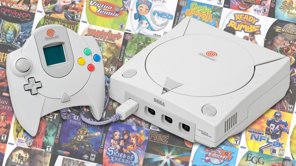 The Sega Dreamcast over a field of its games.