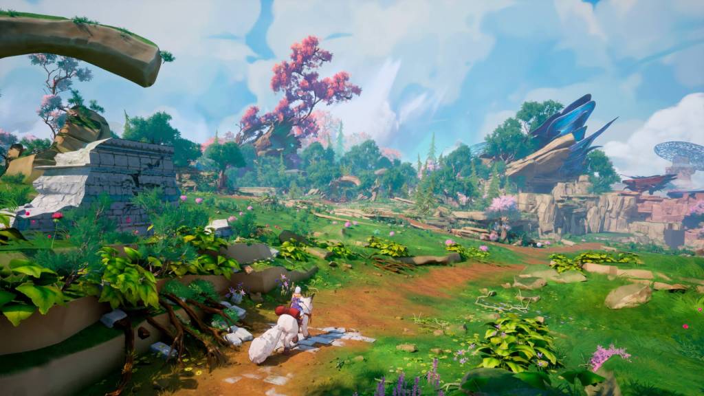 The player riding an animal across the field in Edge of Memories.