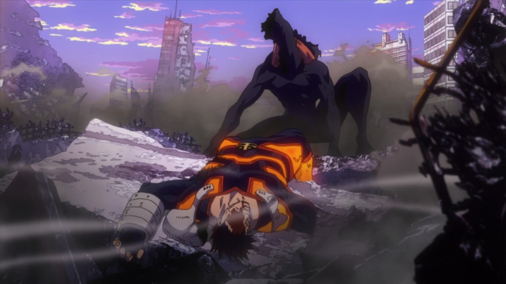 Endeavor on the floor bleeding in front of the High-End Nomu in My Hero Academia