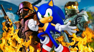 An NCR Ranger from Fallout New Vegas next to Master Chief from Halo and Sonic the Hedgehog.