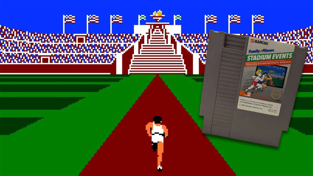 A screenshot from Family Fun Fitness Stadium Events with the NES cartridge.