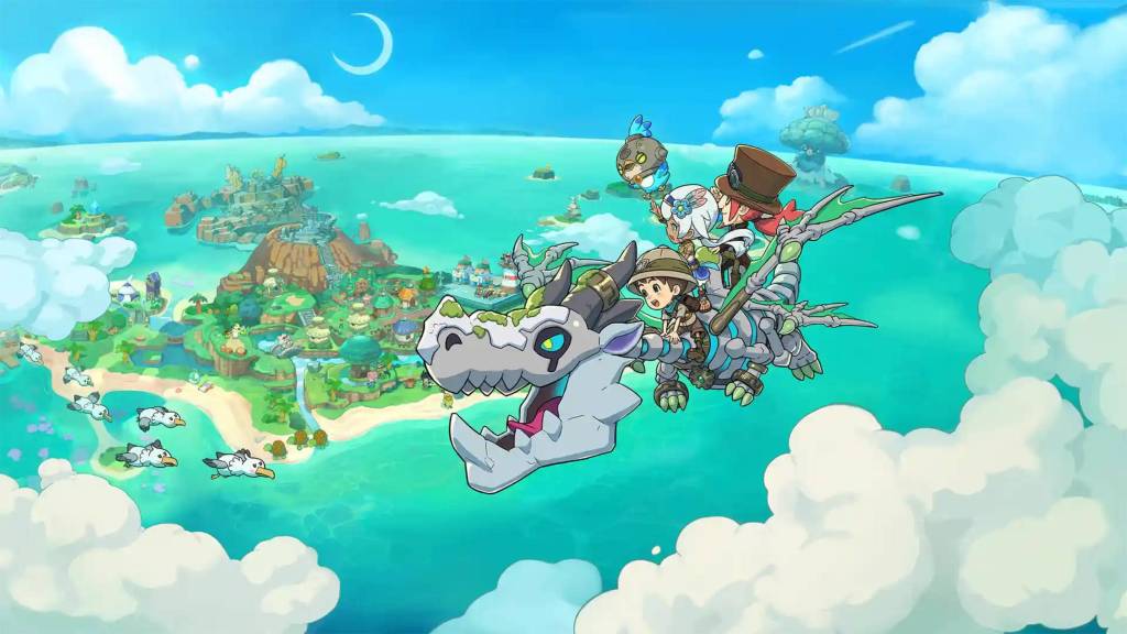 The key art for Fantasy Life i The Girl Who Steals Time featuring characters riding a skeletal dragon.