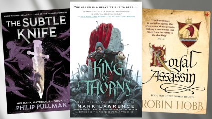 Covers of The Subtle Knife. King of Thorns, and Royal Assassin