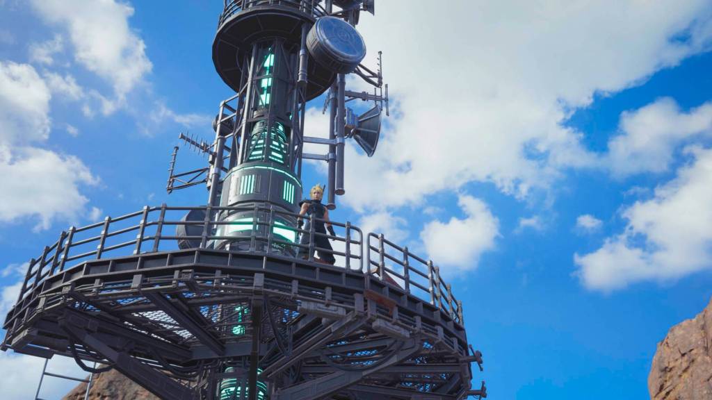 Cloud standing on a tower in Final Fantasy 7 Rebirth.