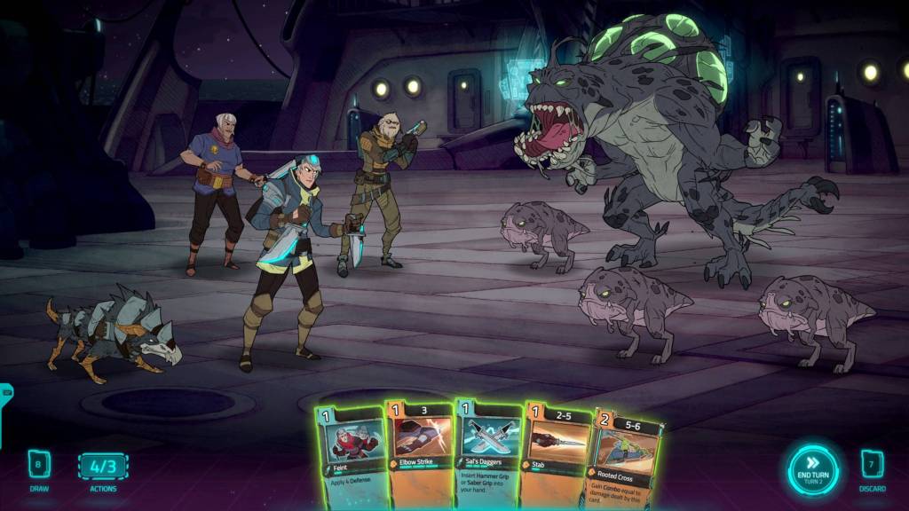 The characters in Griftlands fighting some aliens.