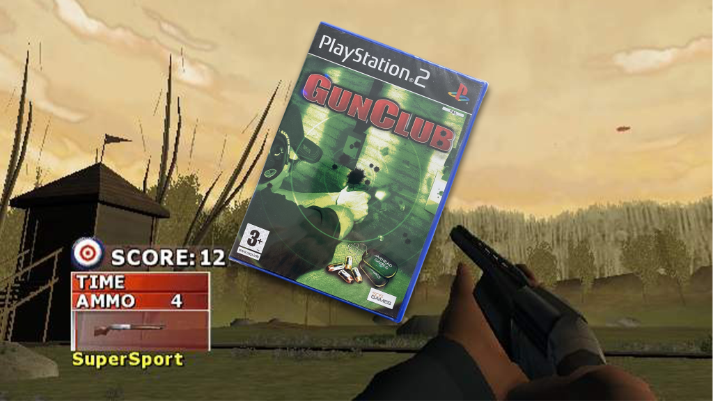 A screenshot from GunClub on the PlayStation 2 and the PAL game case.