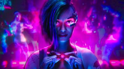 Judy from Cyberpunk 2077 holding a love heart symbol.