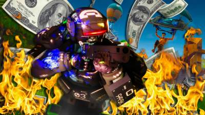 A character from Marathon surrounded by flames and money in front of Fortnite gameplay