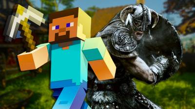 Minecraft Steve holding a pickaxe next to a character from Skyrim in front of Enshrouded gameplay.