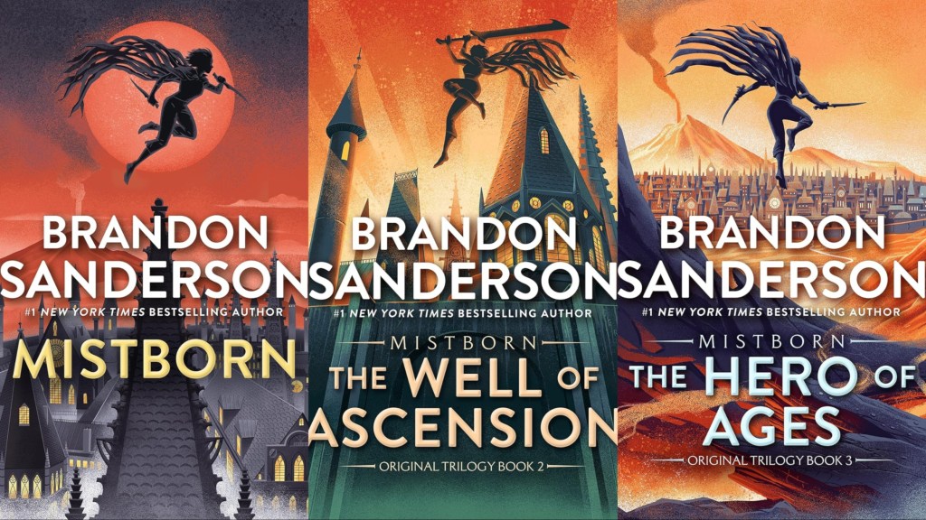 The covers of the original Mistborn trilogy by Brandon Sanderson