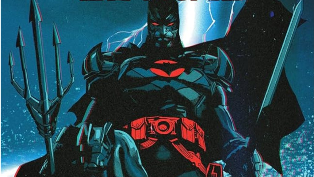 Flashpoint Batman holding Aquaman's trident with lightning behind him