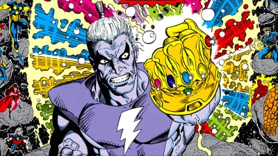 The Magus with the Infinity Gauntlet surrounded by detritus