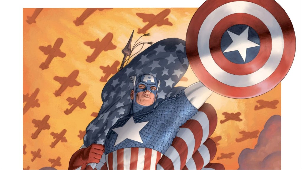 Captain America with his shield and a flag as WWII era bombers fly behind him