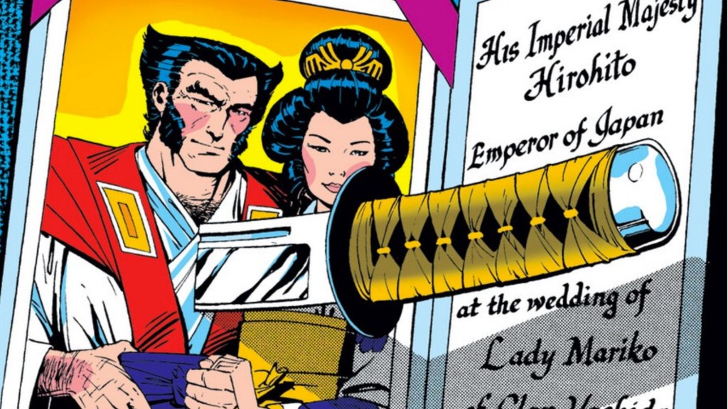 A sword stuck through Wolverine and Mariko's wedding invitation